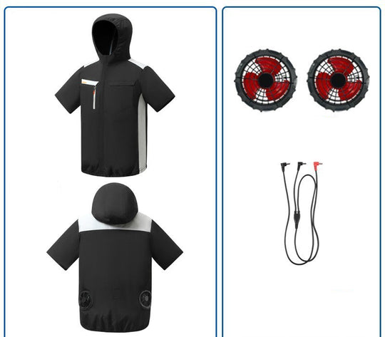 Unisex nan belüftete Kurzarm-Kapuzenjacke mit integrierten Rücklüftern, USB-Anschluss und elastischem Saum R&B