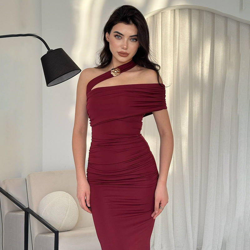 Damen Elegantes Rüschen-Maxikleid mit asymmetrischem Träger EB