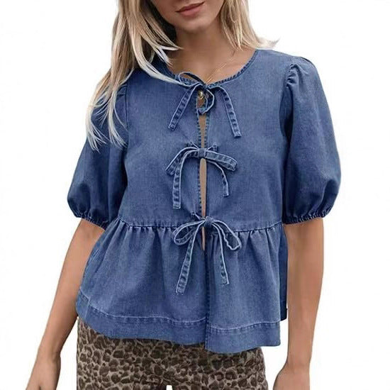 Damen Modische Jeansbluse mit dekorativen Schleifendetails und voluminösen Ärmeln EB