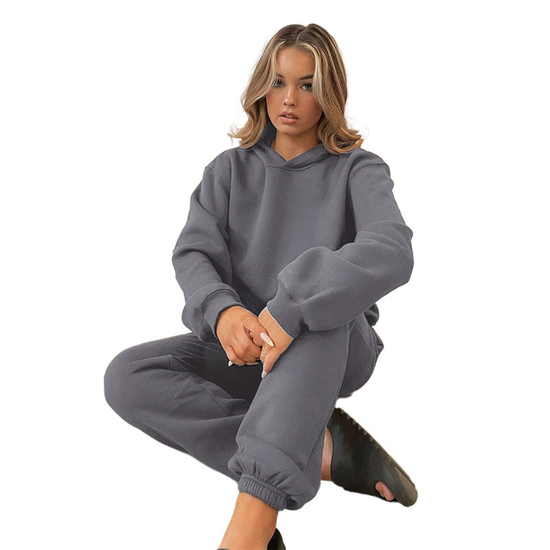 Damen nan lässiges Oversize-Kapuzenloungewear-Set mit fleecegefüttertem Hoodie und hochgeschnittener Jogginghose EB