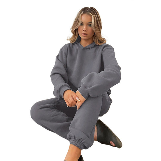 Damen nan lässiges Oversize-Kapuzenloungewear-Set mit fleecegefüttertem Hoodie und hochgeschnittener Jogginghose EB