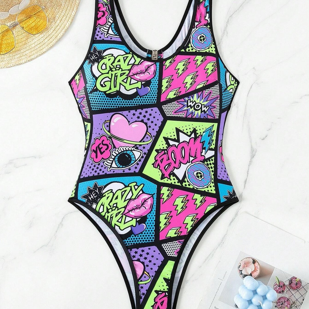 Damen Sportlicher Einteiler mit buntem Comic-Muster EB
