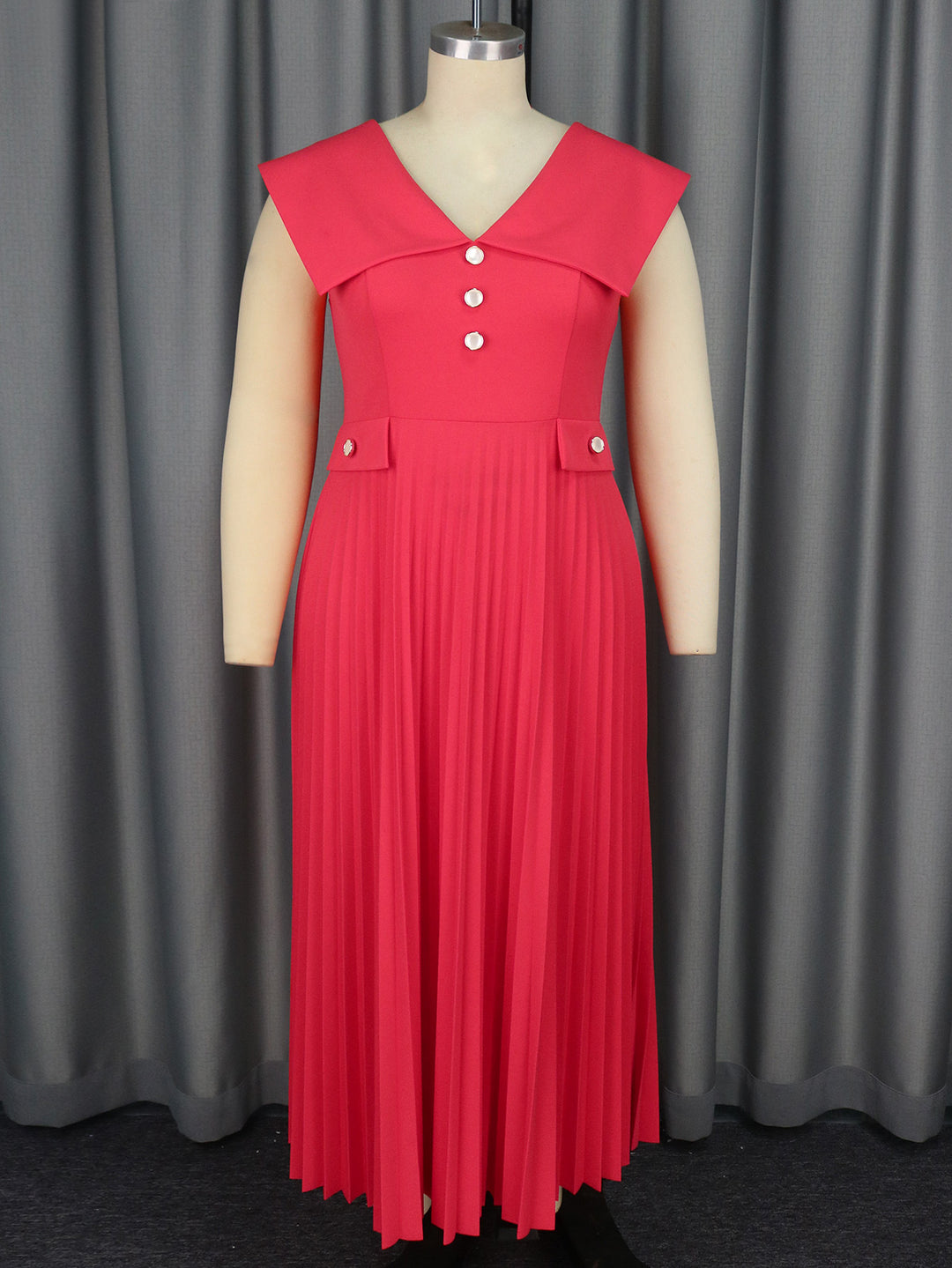 Damen plissiertes Maxikleid mit eleganten Knopfdetails EB