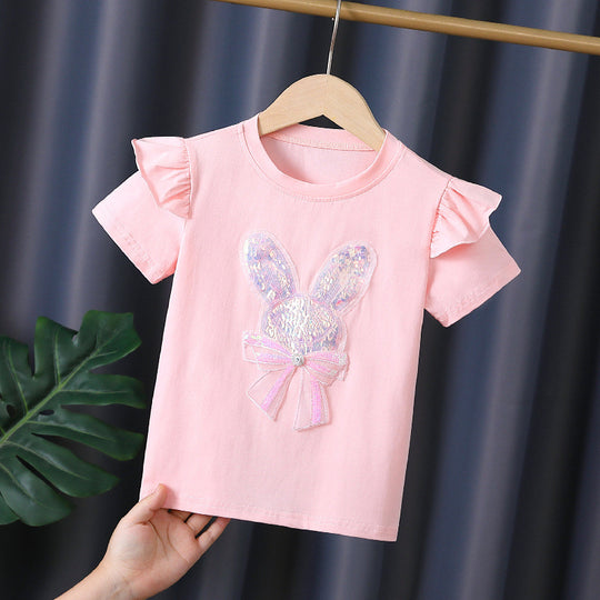 Mädchen T-Shirt mit aufgesticktem Häschen und Rüschendetails EB