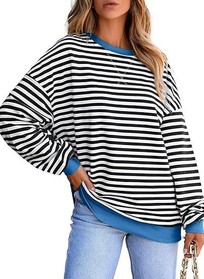 Damen lässiger gestreifter Sweatshirt mit Oversize-Schnitt und bequemen Details EB