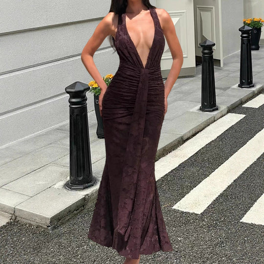 Damen Elegantes Maxikleid mit raffinierten Drapierungen und tiefem V-Ausschnitt EB