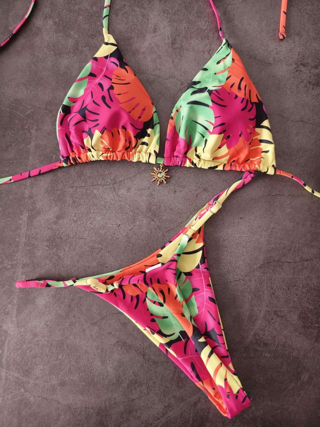 Damen Triangel-Bikini mit tropischem Blättermuster EB