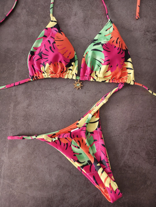 Damen Triangel-Bikini mit tropischem Blättermuster EB