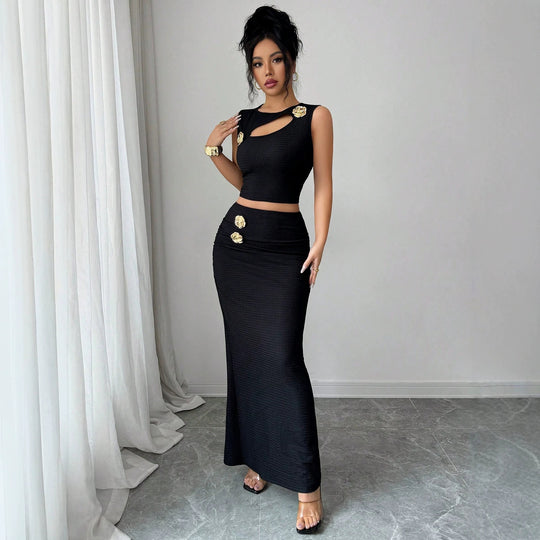 Damen nan zweiteiliges tailliertes Set mit asymmetrischem Cut-Out Crop-Top und figurbetontem Maxi-Bleistiftrock EB