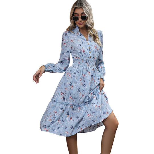 Damen Midi-Kleid mit floralen Rüschen und elegantem Stehkragen EB