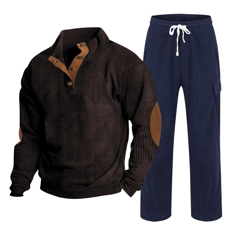 Herren nan strukturiertes Cord-Henley-Loungewear-Set mit Ellenbogenpatches und Cargo-Jogpant EB
