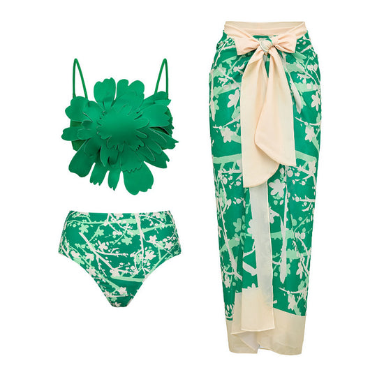 Damen Bikiniset mit besonderem Blumendekor und langem Wickelrock EB