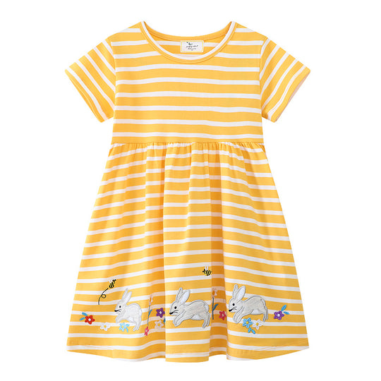 Mädchen Freizeitkleid mit gestreiftem Design und zauberhaften Hasen-Applikationen EB