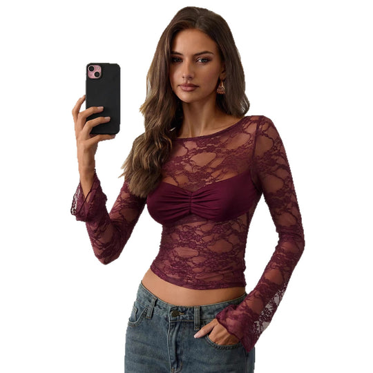 Damen nan tailliertes Spitzenoberteil mit integriertem Bustier und geraffter Brustpartie EB