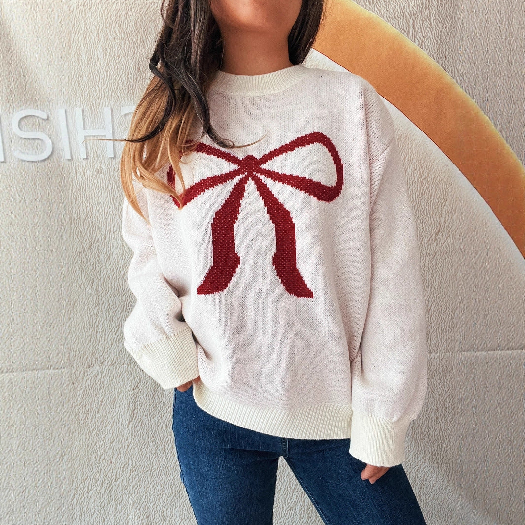 Damen kuscheliger Pullover mit verspieltem Schleifenmuster EB
