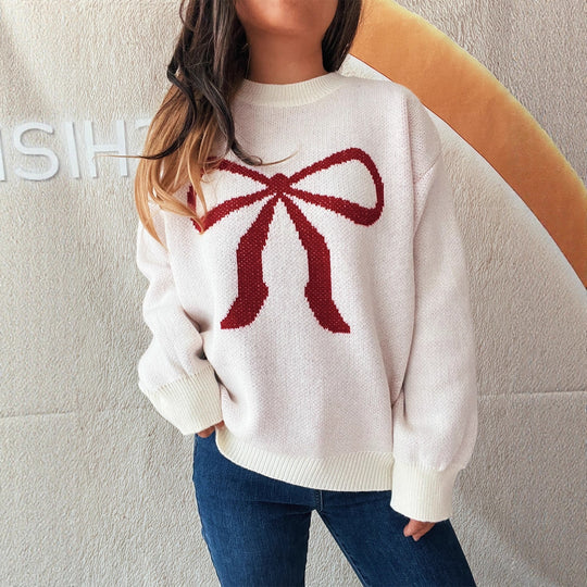 Damen kuscheliger Pullover mit verspieltem Schleifenmuster EB