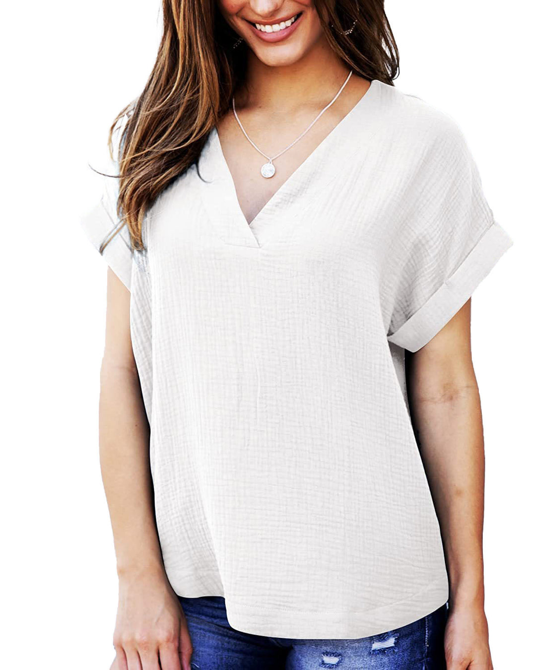 Damen lässiges V-Ausschnitt T-Shirt mit luftiger Passform und umgeschlagenen Ärmeln EB