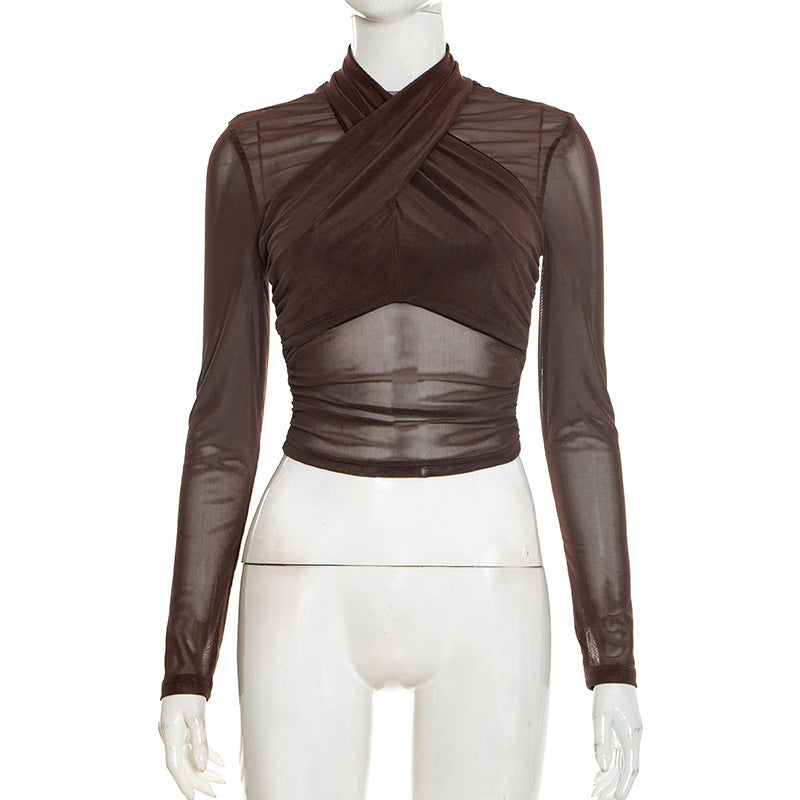 Damen Elegantes Wickeloberteil mit transparentem Stoff und langen Ärmeln EB
