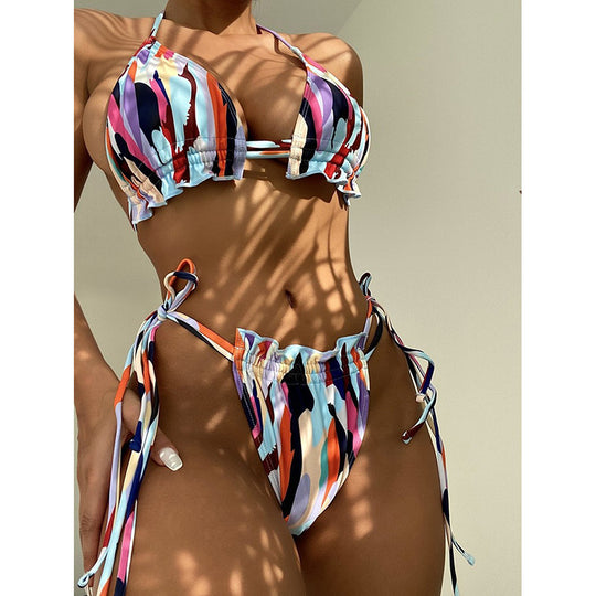 Damen Triangel-Bikini mit doppeltem Rüschendesign und verstellbarem Bindeband EB