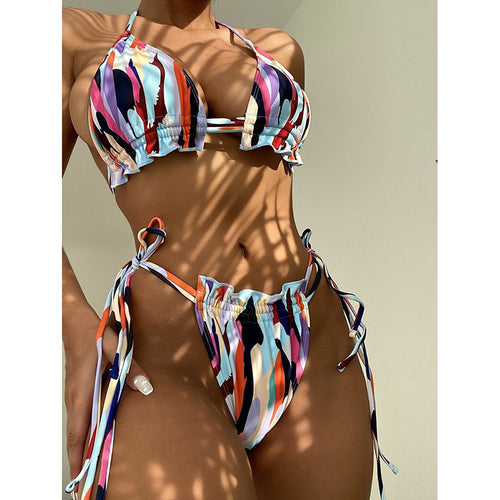 Damen Triangel-Bikini mit doppeltem Rüschendesign und verstellbarem Bindeband EB