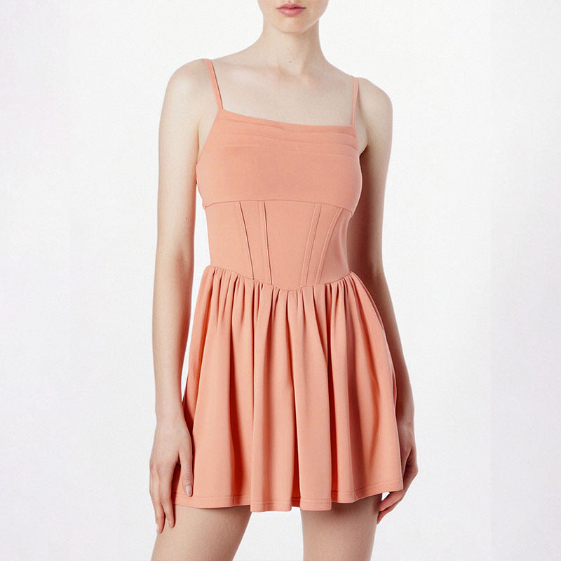 Damen schickes Sommerkleid mit Trägern und Falten EB