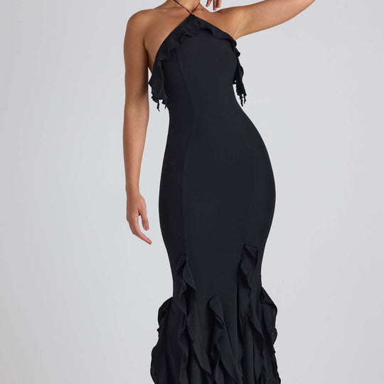 Damen Exklusives Maxikleid mit asymmetrischem Rüschenverlauf und elegantem Schnitt EB