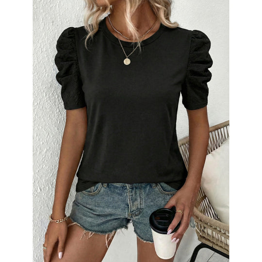 Damen T-Shirt mit Puffärmeln und Spitzenapplikationen EB