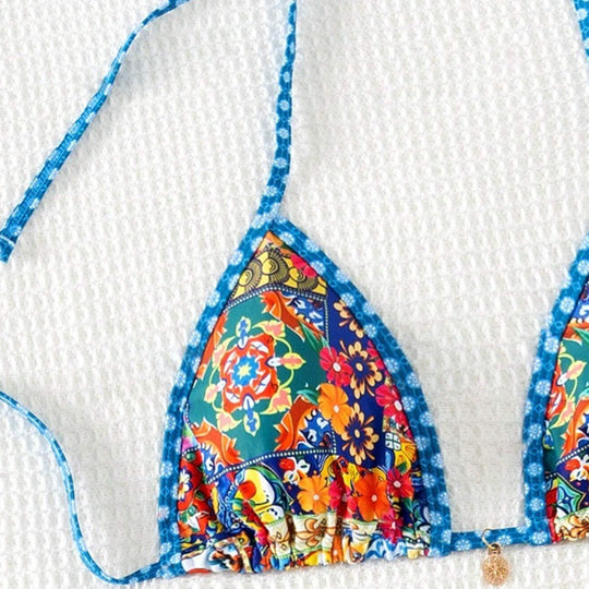 Damen Triangel-Bikini mit floralem Design und verstellbaren Bändern EB