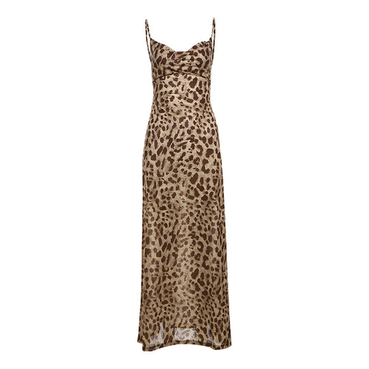 Damen Maxi Kleid mit elegantem Leopardenmuster und schmalen Trägern EB