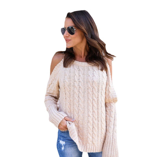 Damen Strickpullover mit offenen Schultern und Zopfmuster EB