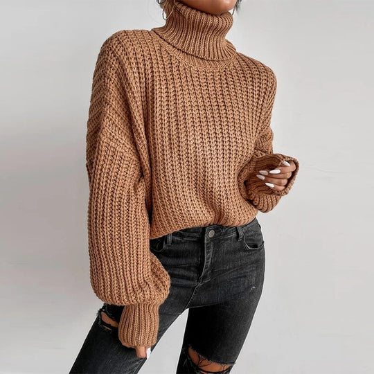 Damen nan grober Rollkragenpullover mit Oversize-Ärmeln und gerippten Bündchen EB