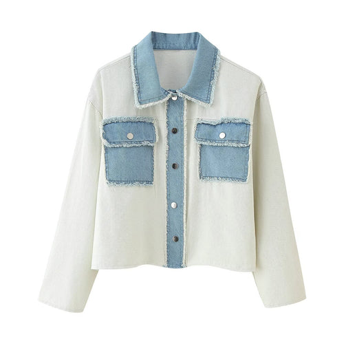 Damen cropped Denimjacke mit kontrastierenden Taschen und fransigem Saum EB