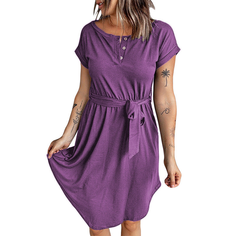 Damen lässiges Knopfkleid mit Taillengürtel und kurzem Ärmel EB