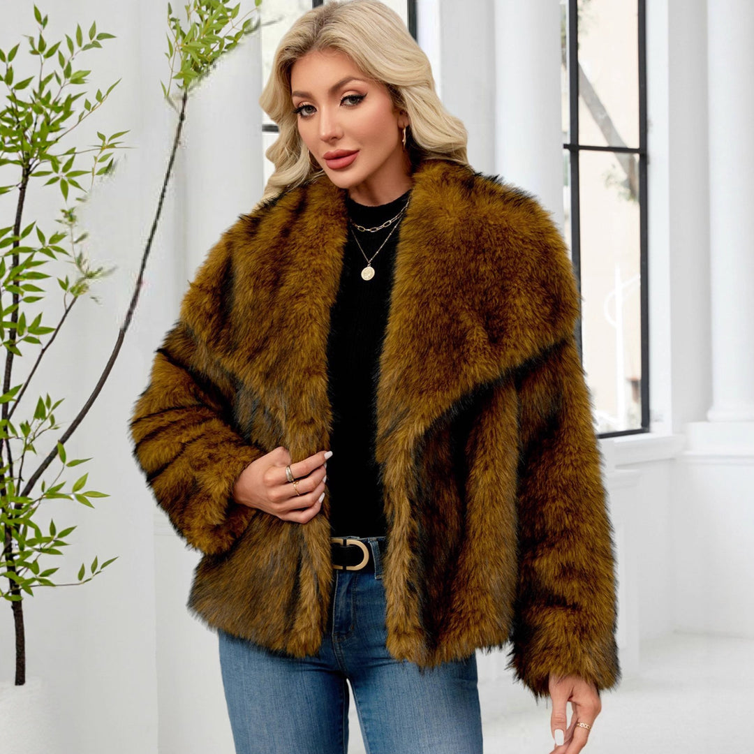 Damen Voluminöser Kunstpelzmantel mit breitem Revers EB