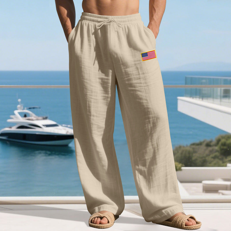 Herren Maritime Relaxed‑Fit Leinenoptik-Freizeithose mit Tunnelzug & Flaggen-Patch EB