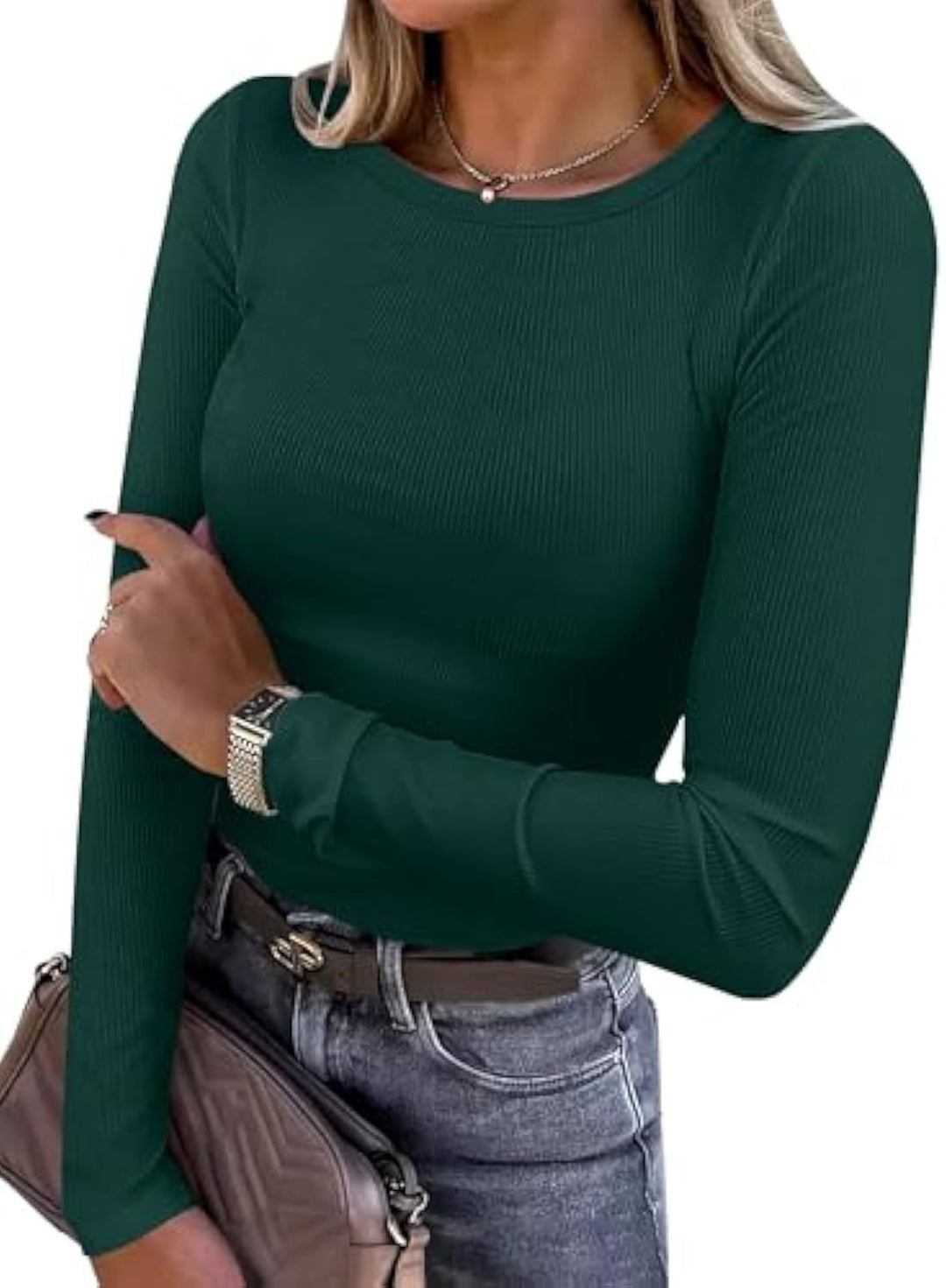 Damen Schmalgeschnittenes Ripp-Longsleeve mit Rundhalsausschnitt und Stretch-Baumwollmix EB