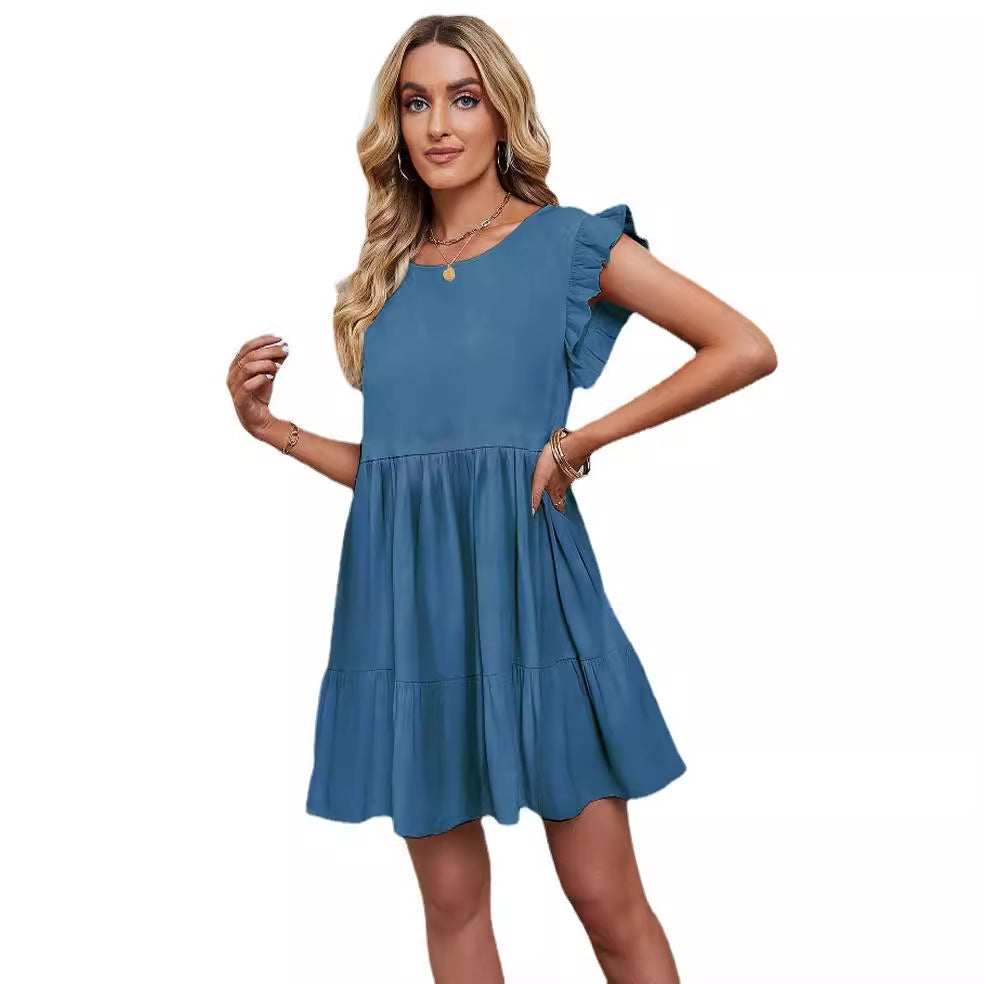 Damen Luftiges Freizeitkleid mit Rüschendetails und schwingendem Rock EB