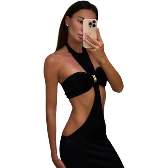 Damen Elegantes Maxikleid mit tiefem Schlüssel-Ausschnitt und figurbetonendem Schnitt EB
