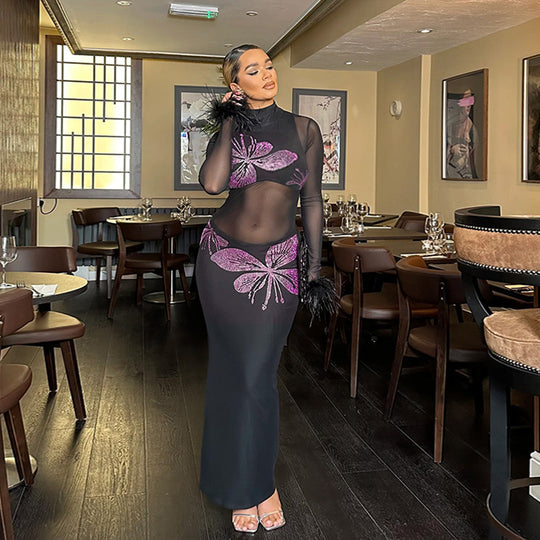 Damen Transparente Maxi-Robe mit kunstvollen Schmetterlingsdetails EB