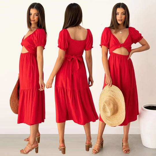 Damen Midi-Kleid mit verspielten Cut-Outs und Bindedetails EB