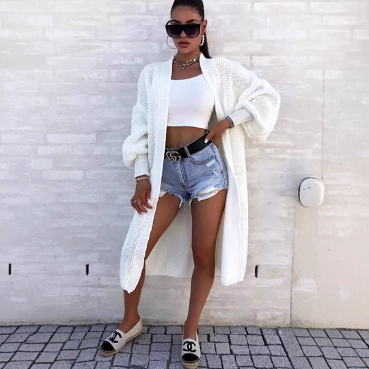 Damen Langer Strickmantel mit oversized Ärmeln und praktischen Taschen EB