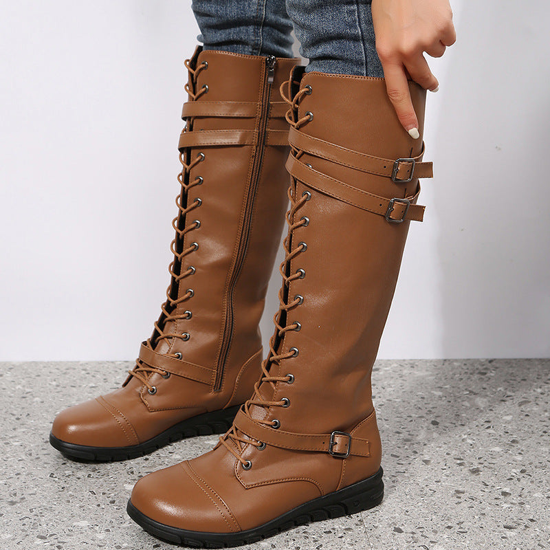 Damen nan kniehohe Military‑inspirierte Schnürstiefel mit seitlichem Reißverschluss verstellbaren Ziergurten und stoßdämpfender Profilsohle EB