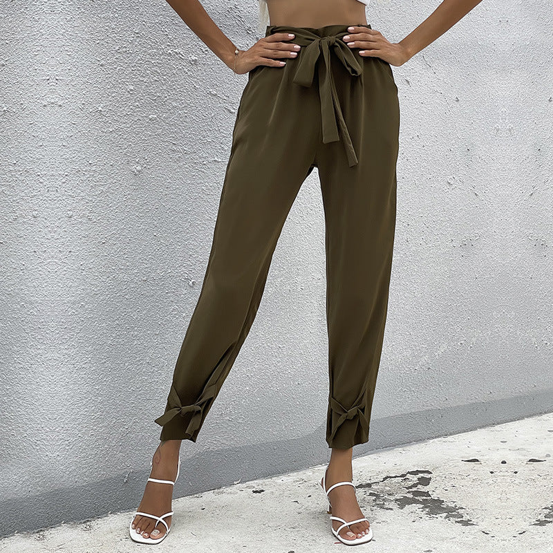 Damen lockere Culotte-Hose mit eleganten Schleifen-Details und Bindegürtel EB