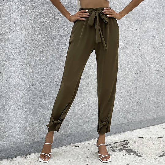 Damen lockere Culotte-Hose mit eleganten Schleifen-Details und Bindegürtel EB