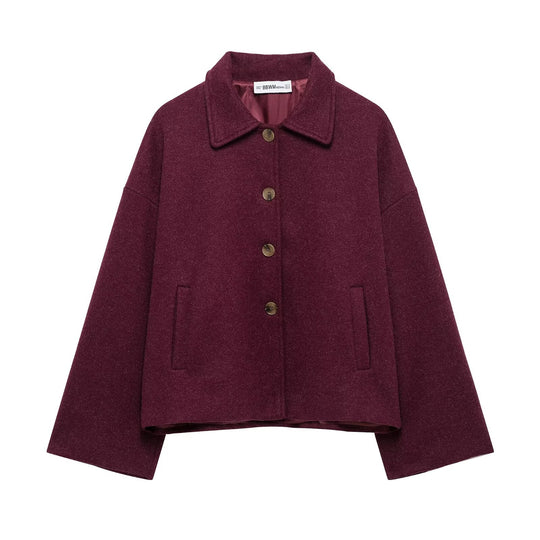 Damen nan kurze kastige Wolljacke mit Hemdkragen, durchgehender Knopfleiste und eingesetzten Eingrifftaschen EB