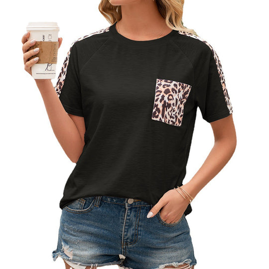 Damen lässiges T-Shirt mit modischem Tierdruck und praktischem Brusttaschen-Design EB