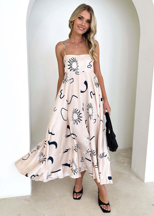 Damen Maxikleid mit modernen grafischen Mustern und dünnen Trägern EB