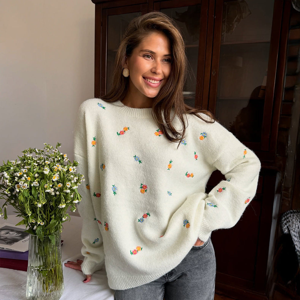Damen Verspielter Pullover mit floralen Stickereien EB