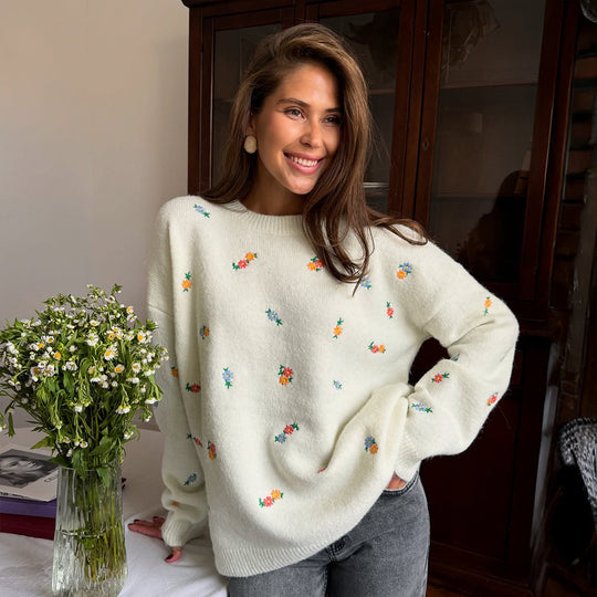 Damen Verspielter Pullover mit floralen Stickereien EB