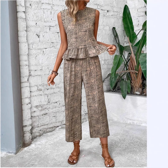 Damen zwei-teiliges Set mit peplum Oberteil und weit geschnittenen Hosen EB